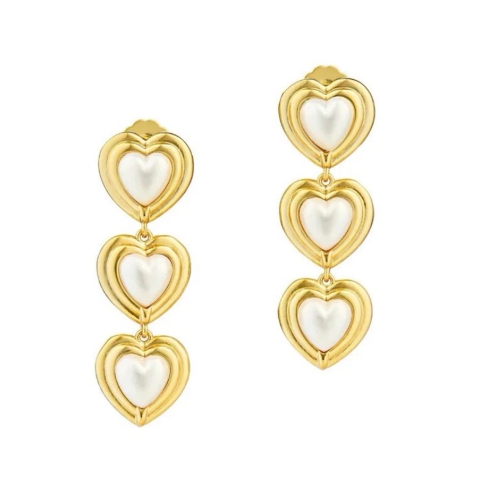 NIB CELESTE STARRE Falling In Love Earrings 18k Recycled Gold Hearts Pearls $234 - Picture 2 of 4